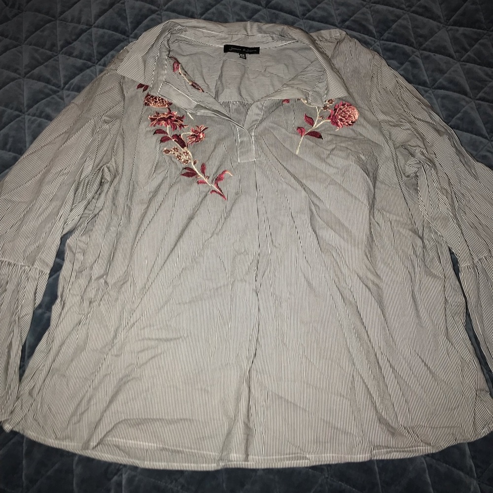 Structured striped embroidered flared sleeve top